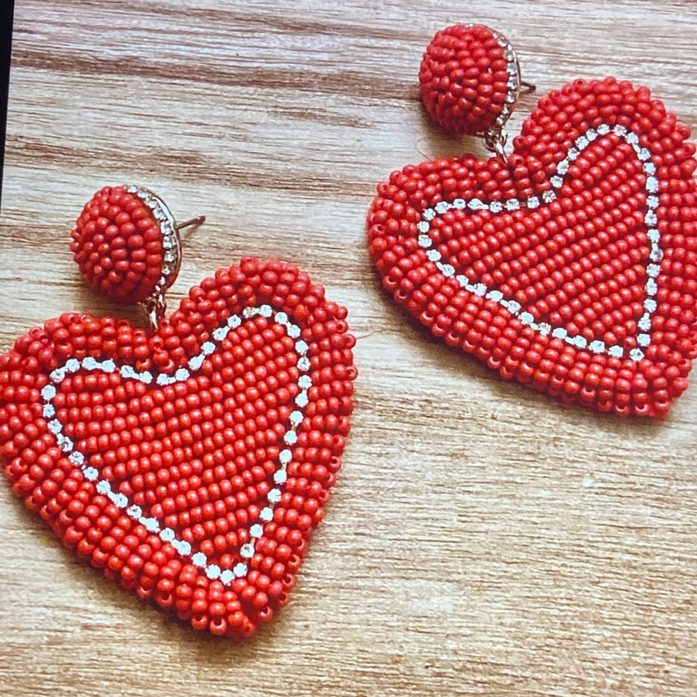 J. Crew Red Beaded Heart Earrings